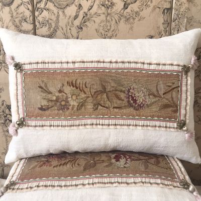 Pair Ribbon Trimmed Aubusson Cushions
